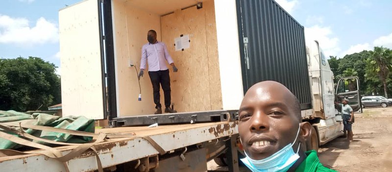 A shipping container arrives at Mzuzu University 2021